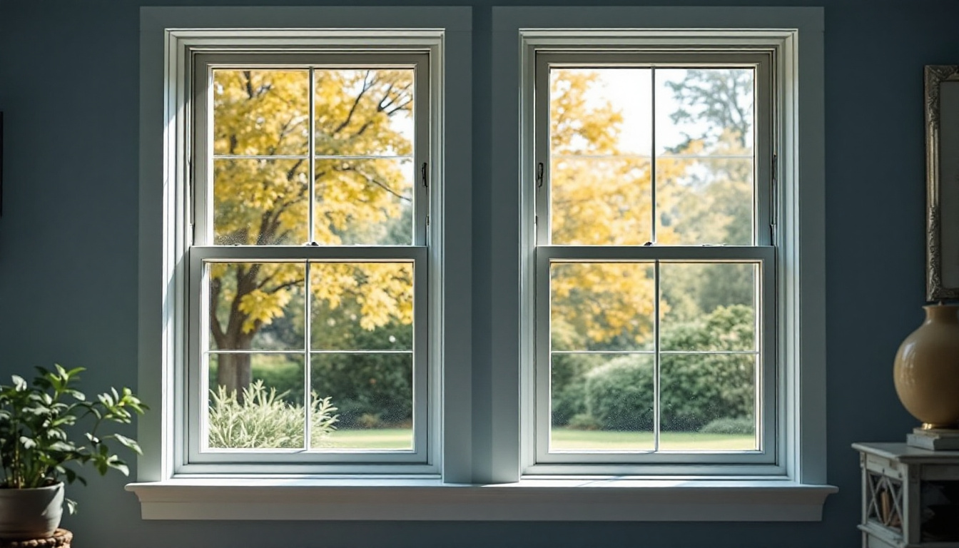 A photograph of a side-by-side comparison of single-hung and slider windows installed in a home setting