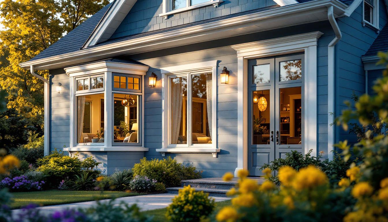 A photograph of a stylish home exterior featuring both awning and hopper windows