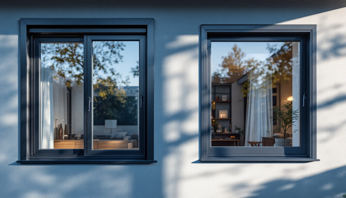 A photograph of a side-by-side comparison of a casement window and an awning window installed in a modern home