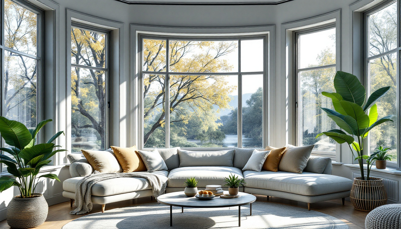 A photograph of a beautifully designed living space featuring both bow and picture windows